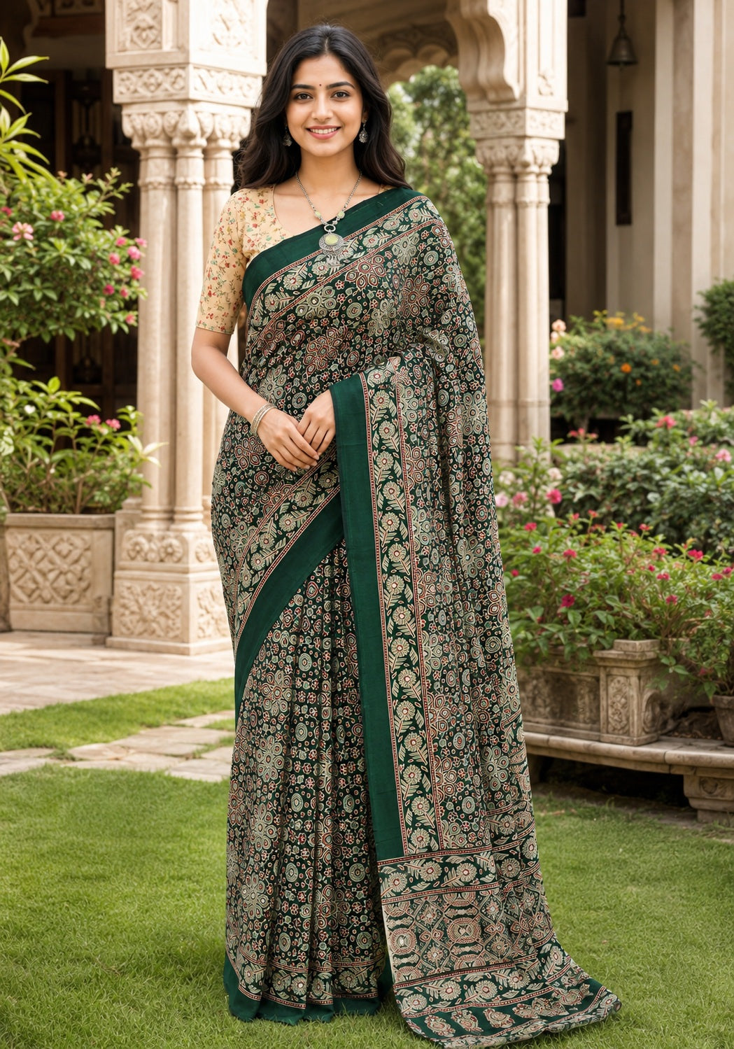 Ajrakh Mirror Work Saree Deep Green Floral Printed Border - AMS-1-1305 - view 1